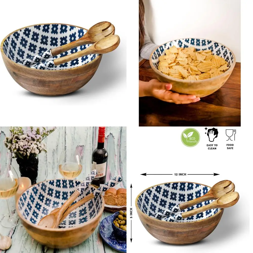 

Large Wooden Serving Bowls with Tongs for Fruits, Cereals, Pasta - 12 Diameter Mixing Bowl Set Ideal for Salads and More