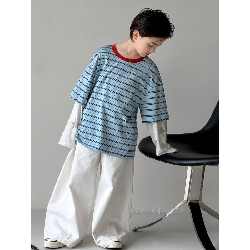 Boys Striped Splicing Long-sleeved T-shirt Spring and Autumn New Children's Red Round Neck Cool Handsome Sweater Trendy T2026