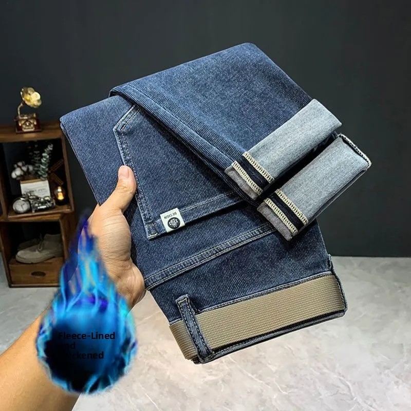 

Мужские джинсы Fce с подкладкой, средней посадки, из тонкого денима, зауженные, модные, в корейском стиле, теплые зимние, прямые брюки