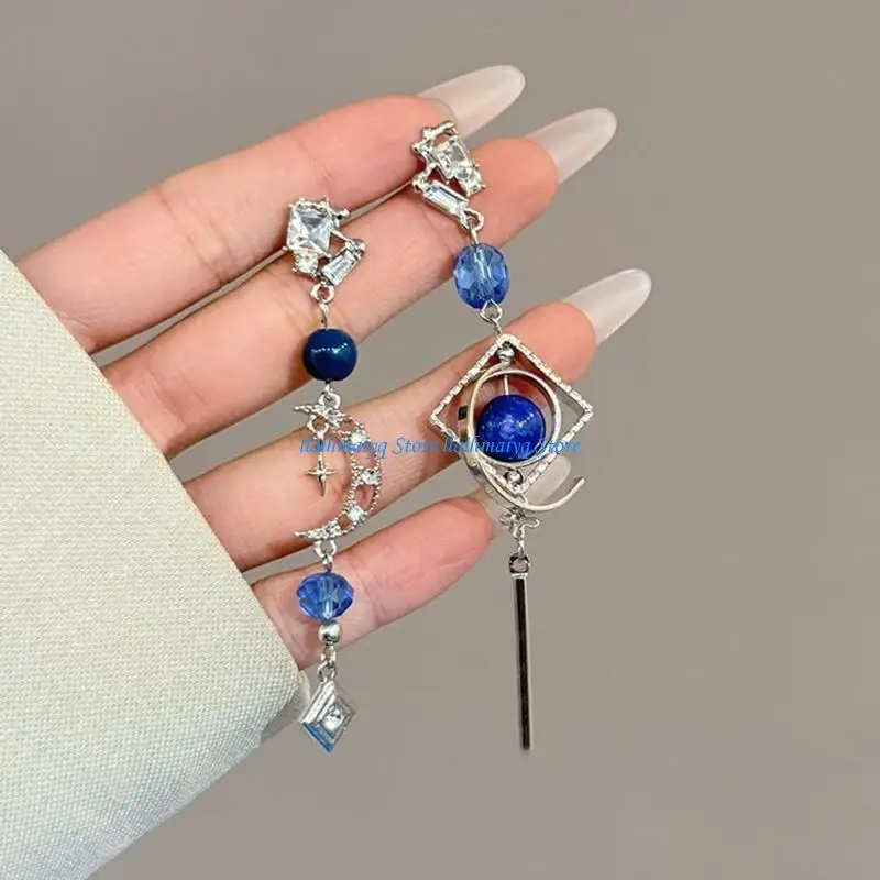 573B Traditional Metallic Star Moon Dangle Earrings With Crystal Embellishments And Delicate Chains Elegant Ear Pendant