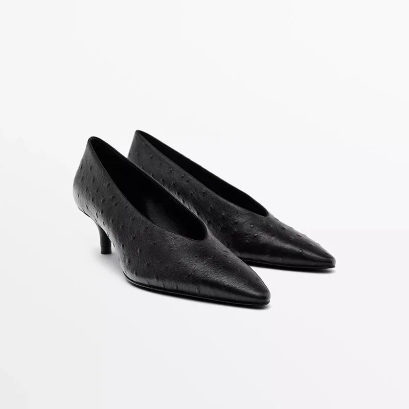 

Withered Minimalist Women's Shoes Leather Pointed High Heels Ostrich Patterned Shallow Mouth Kitten Heels Slip On Shoes Woman