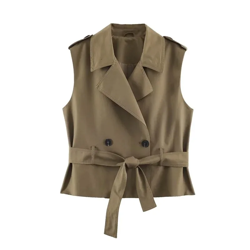 Women 2026 Trendy Deep Khaki Minimalist Outfit Sleeveless Belted Waistcoat Vest Summer Commuter Style