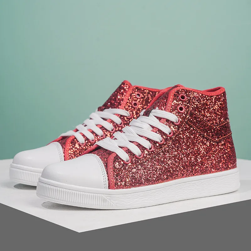 Luxury Red Designer Shoes Women High top Sneakers Lightweight Women\'s Vulcanized Shoes Fashion Glitter Sneakers Woman Size 41