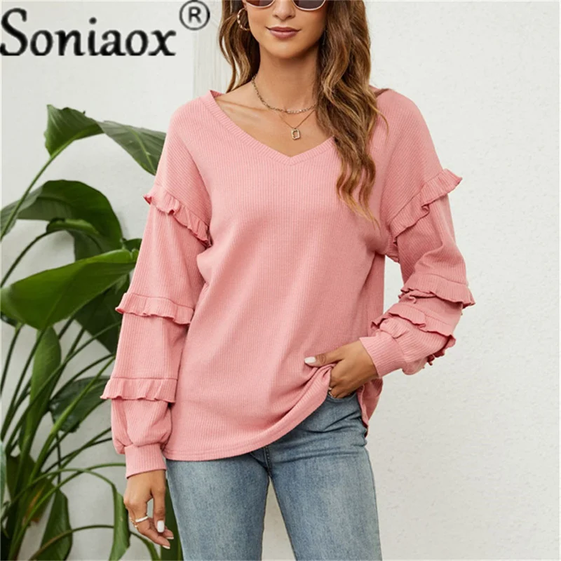 

Autumn Solid Color Women Shirt Ruffle Lantern Sleeve Fashion Casual V Neck Blouse Ladies Loose Commute High Street Waffle Shirts