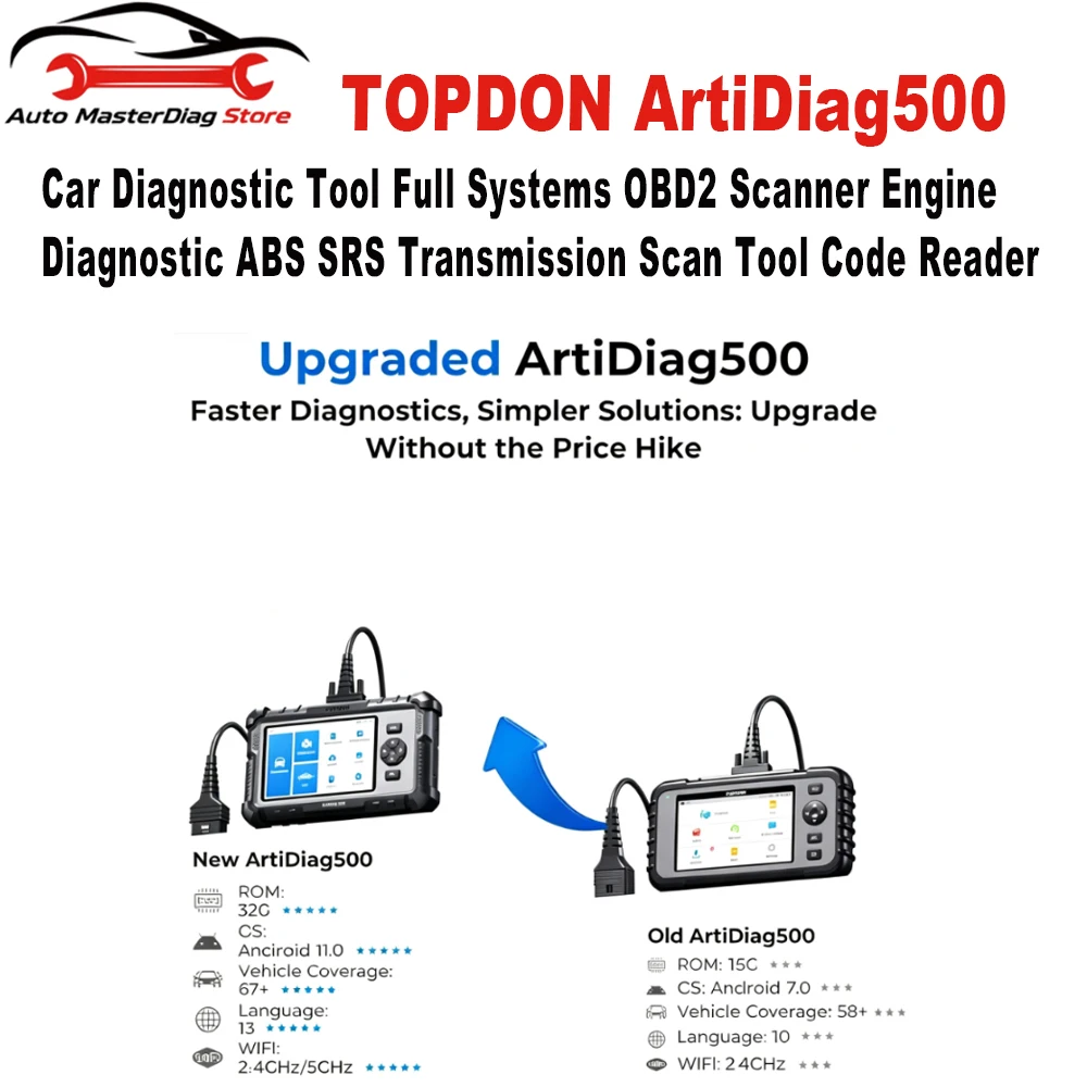TOPDON ArtiDiag500 Diagnostic 4 Systems 6 Reset Functions OBD2 Scanner SAS/TPMS/BMS/EPB Reset Car Diagnostic Tool Free Update
