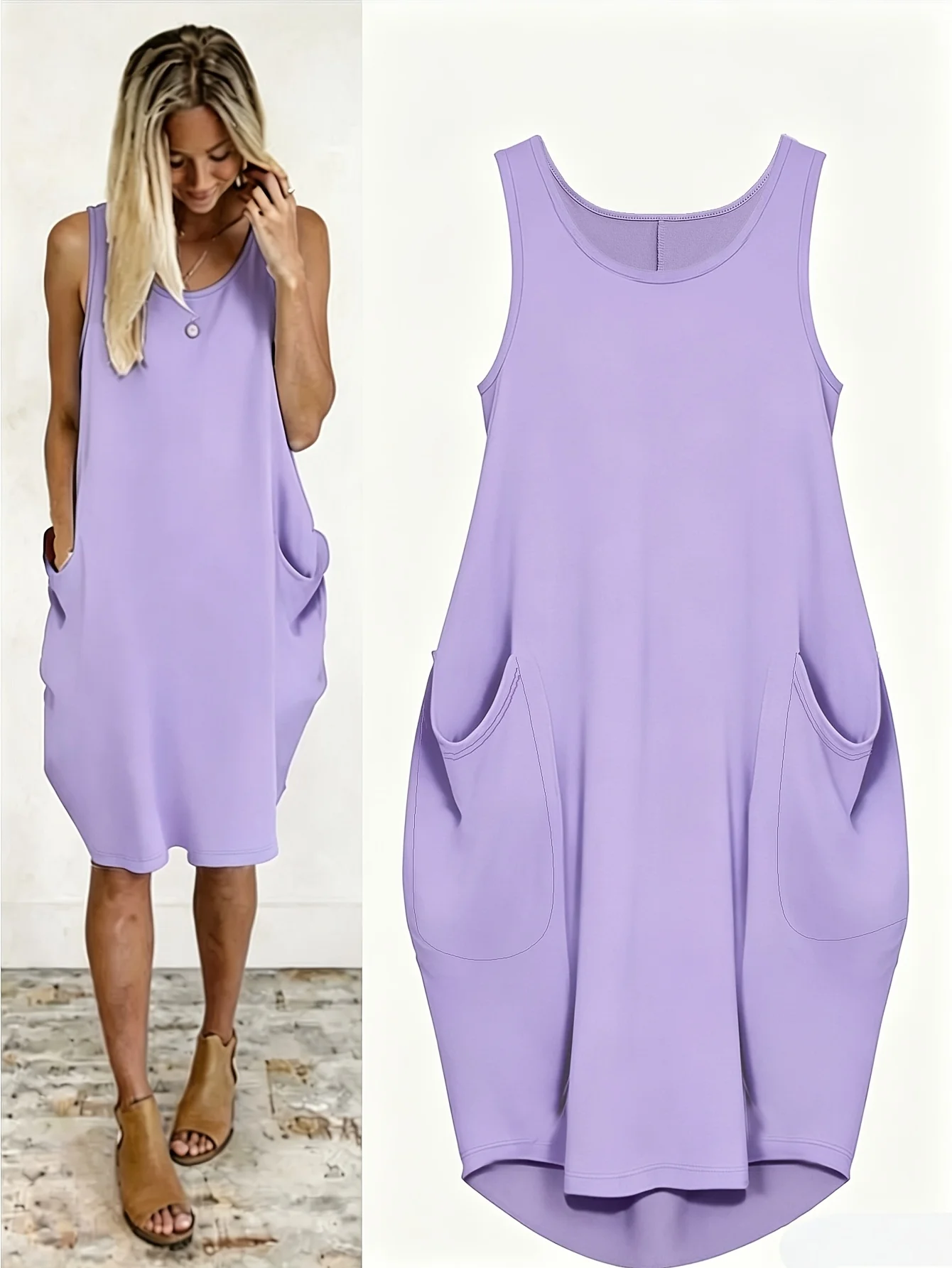 Image of Ärmelloses Tank-Kleid für Damen in Übergröße, lässiges, lockeres Midikleid aus Stretchstoff mit Taschen, Damen-Sommerkleid für den Alltag