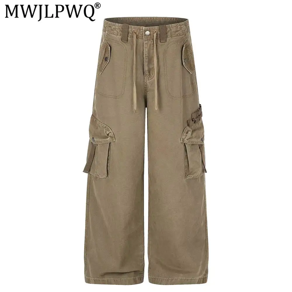 MWJLPWQ Men American Trend Retro Distressed Workwear Street Punk Style Washed Design Multi-Pocket Loose Straight-Leg Pants 17392