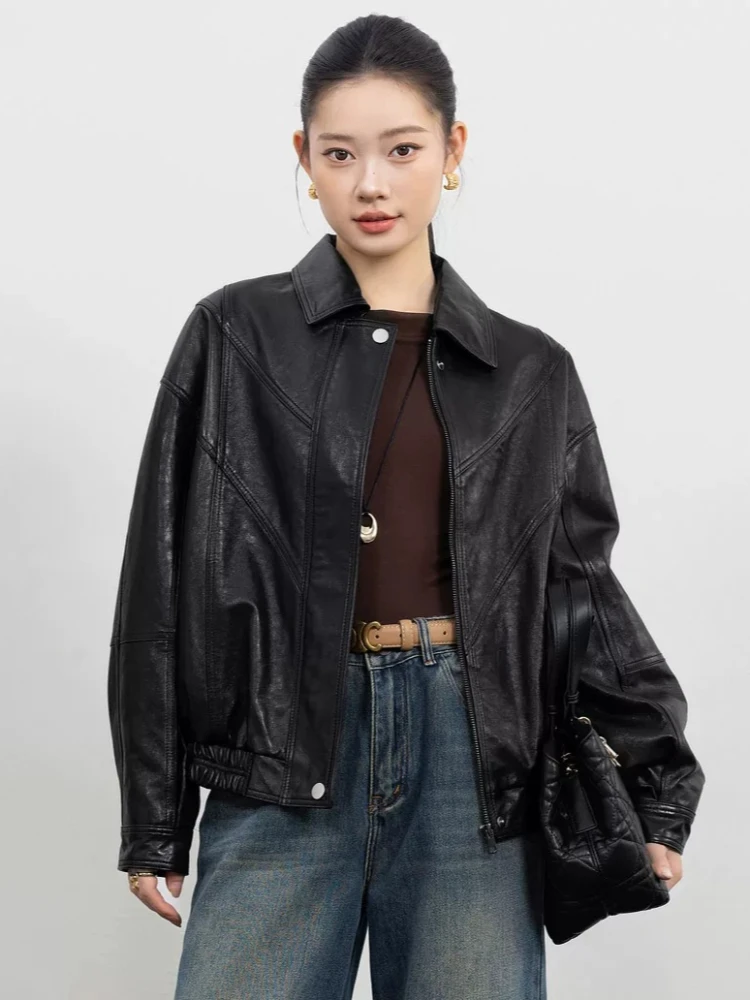 

Vintage Genuine Leather Motorcycle Jackets for Women Simple Casual Loose Soft Black Natural Real Sheepskin Leather Coat