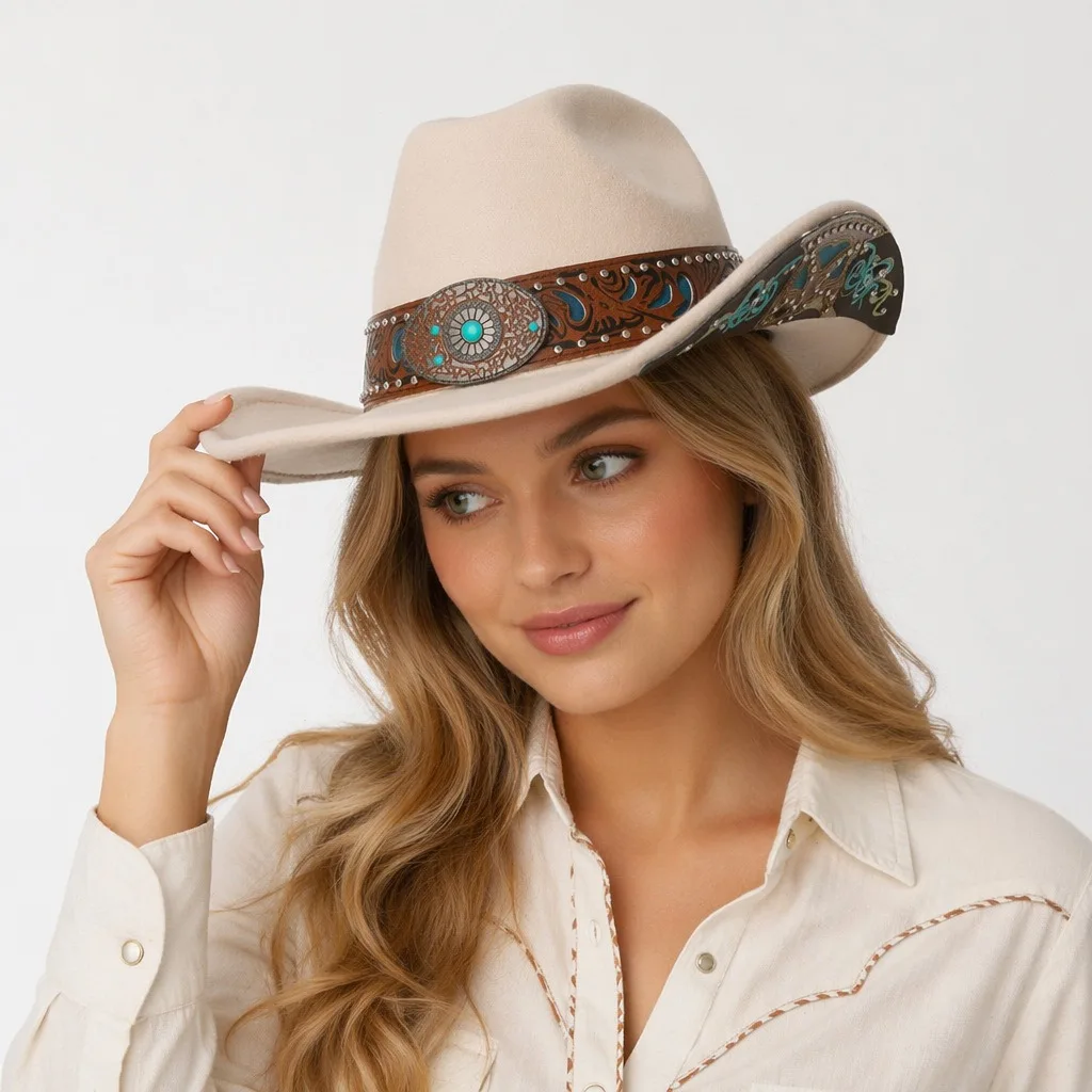 Premium Wool Women Western Cowboy Hat Turquoise Leather Band Wide Brim Vintage Jazz Sun Hat Elegant Party Travel Daily Cap