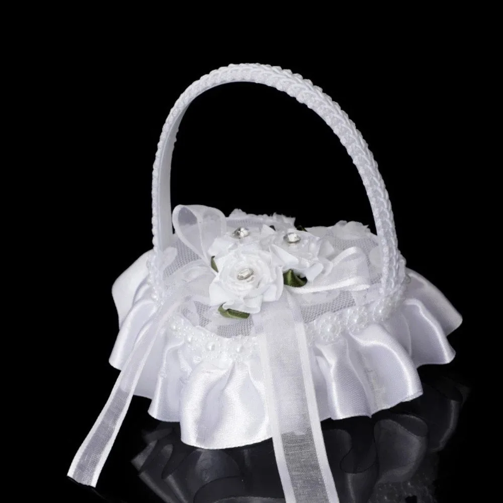 White Lace Heart-shaped Ring Box Bow-knot Satin Material Ring Pillows Case Mini with Handle Wedding Ring Pillows