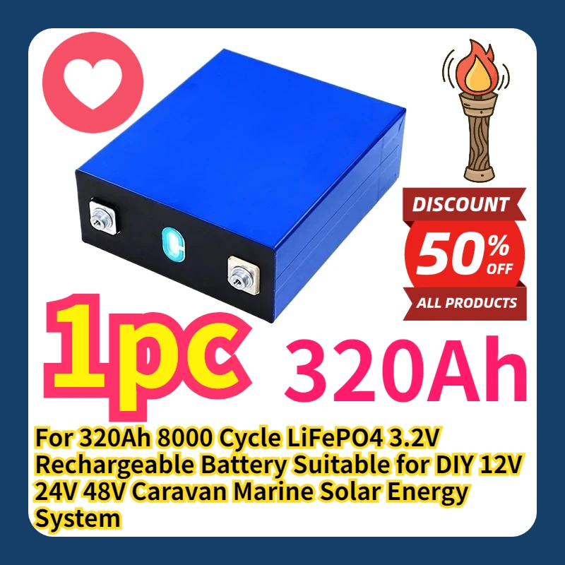 For 320Ah 8000 Cycle LiFePO4 3.2V Rechargeable Battery Suitable for DIY 12V 24V 48V Caravan Marine Solar Energy System