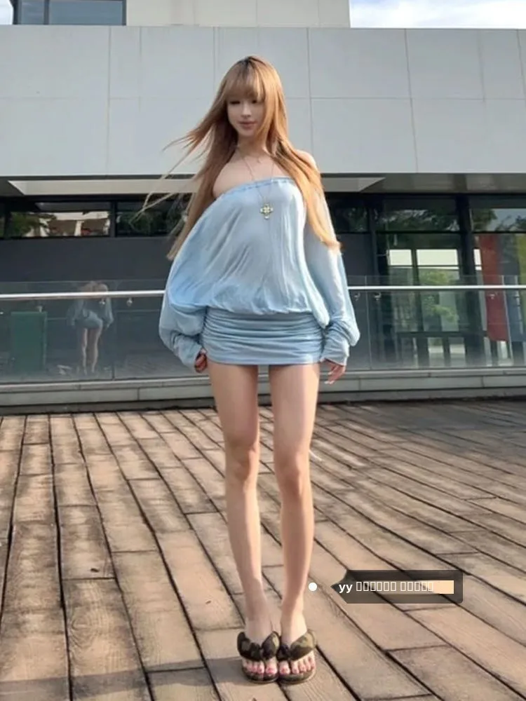 

Faionable Spicy Girl Blue One-oulder Long Sve Women's Winter Bal Waist-Cinched Slimming ort Skirt Dr