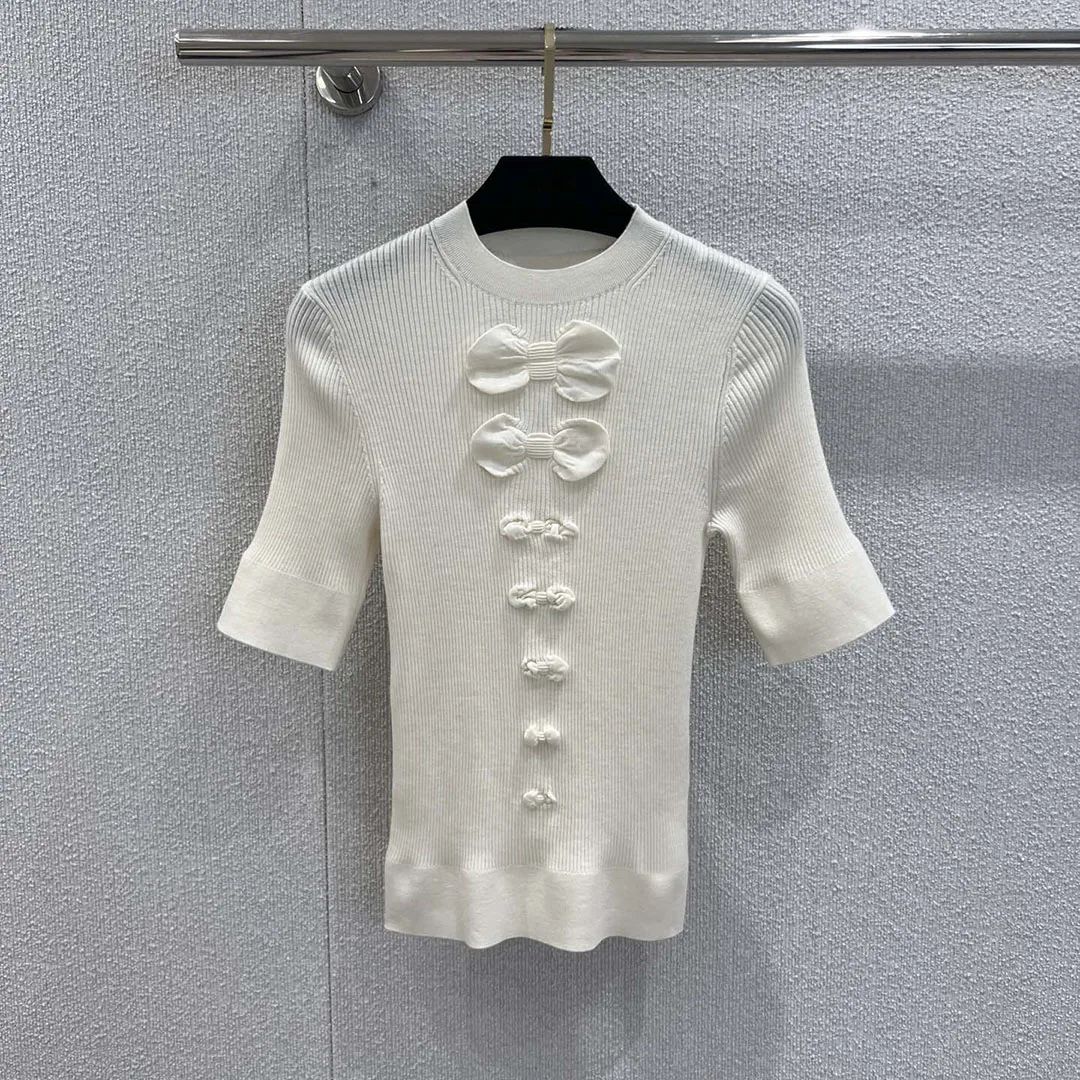 

Top Quality New Spring Summer Fashion Slim Fit Knitted Tops Women O-neck Short Sleeve 3D Bow Decoration Sweet T-shirt Knitwear