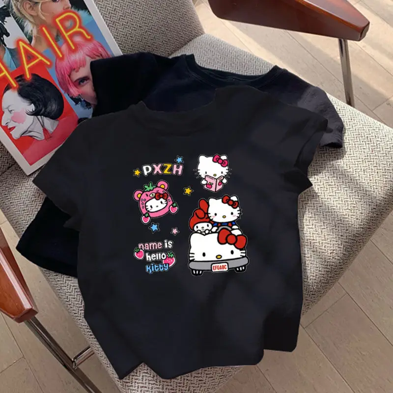 Hello Kitty Sanrio Grey T-shirt Kawaii Cartoon Print Cotton Tops O-neck Oversized Shirts Streetwear Splicing Top Women Clothing