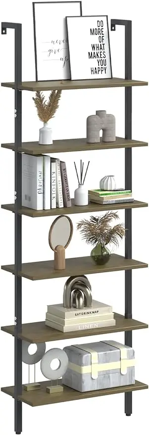 

Ladder Shelf Black 6Tiers Modern Bookshelf Room Organizer Open Tall Wall Mount Bookcase Standing Leaning Wall Shelves Industrial