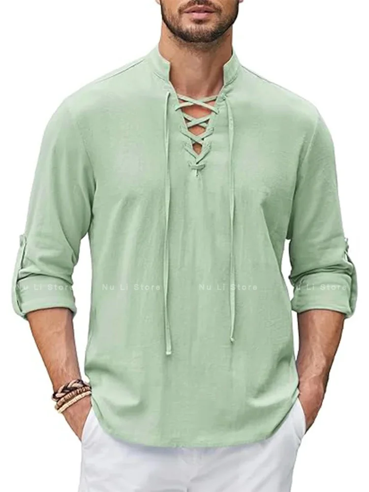Men Long Sleeved Halloween Costume Men's Renaissance Shirt Pirate Medieval Viking top Cotton Linen Shirts