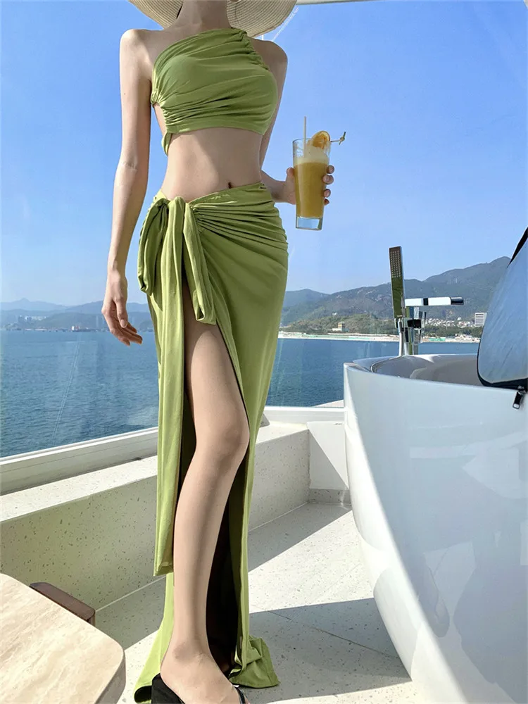 Sexy Summer Vacation Two Pieces Sets Green Fuchsia Irregular Short Camis Vest Top&High Split Long Wrap Skirt Beach 2pc Suits