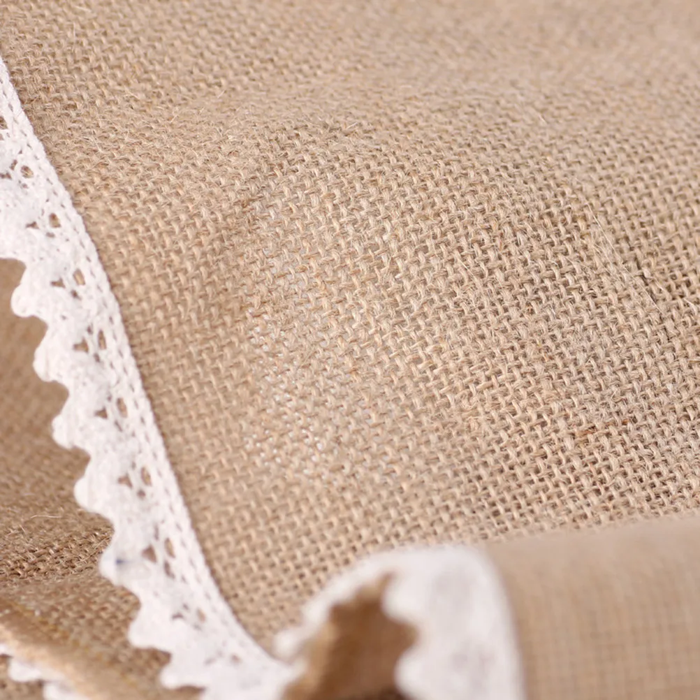 Lace Table Runner 30x180cm Burlap Jute Fabric Exquisite Knitted Edges Machine Washable Table Decor for Everyday Dinner Shower