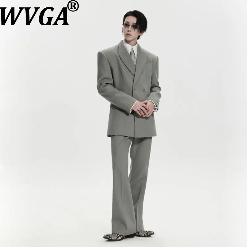 WVGA Autumn Winter New Men High-end Wool Padded Shoulder Cinched Waist Double-breasted Blazer Striped Design Suit Set Ins W28439