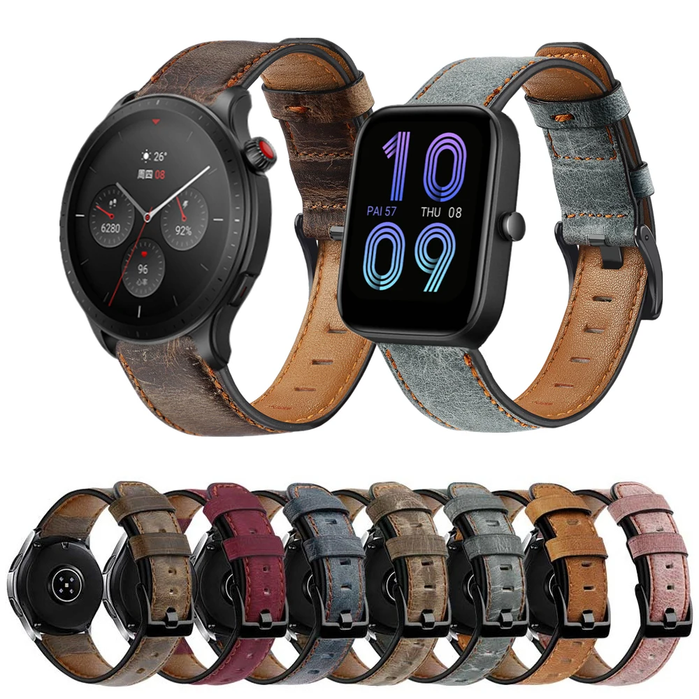 

Кожаный ремешок для Huami Amazfit GTR 4 GTS 4 Mini, ретро-браслет для Huami Amazfit Bip 3 Pro Bip U S, классический смарт-браслет
