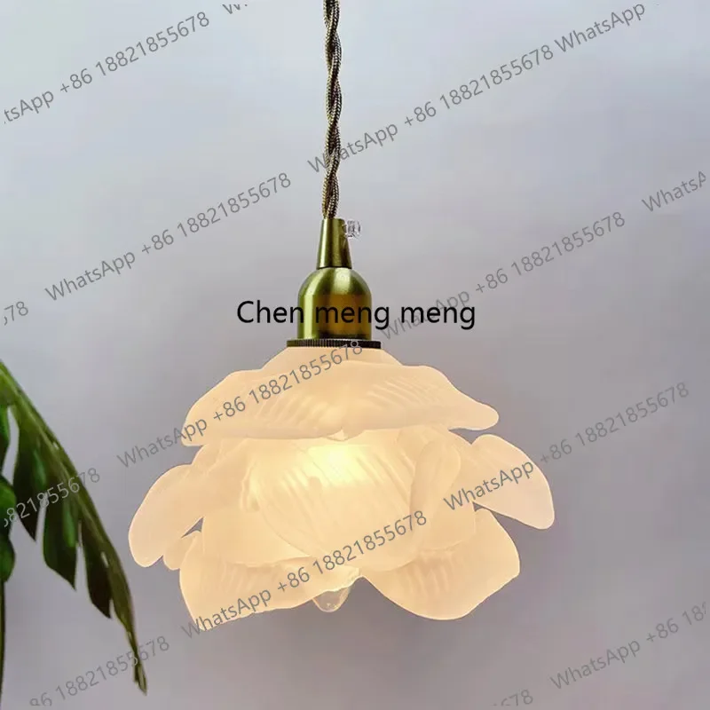 D80 American retro brass bar dining room bedroom bedside lamp French petal glass single head chandelier
