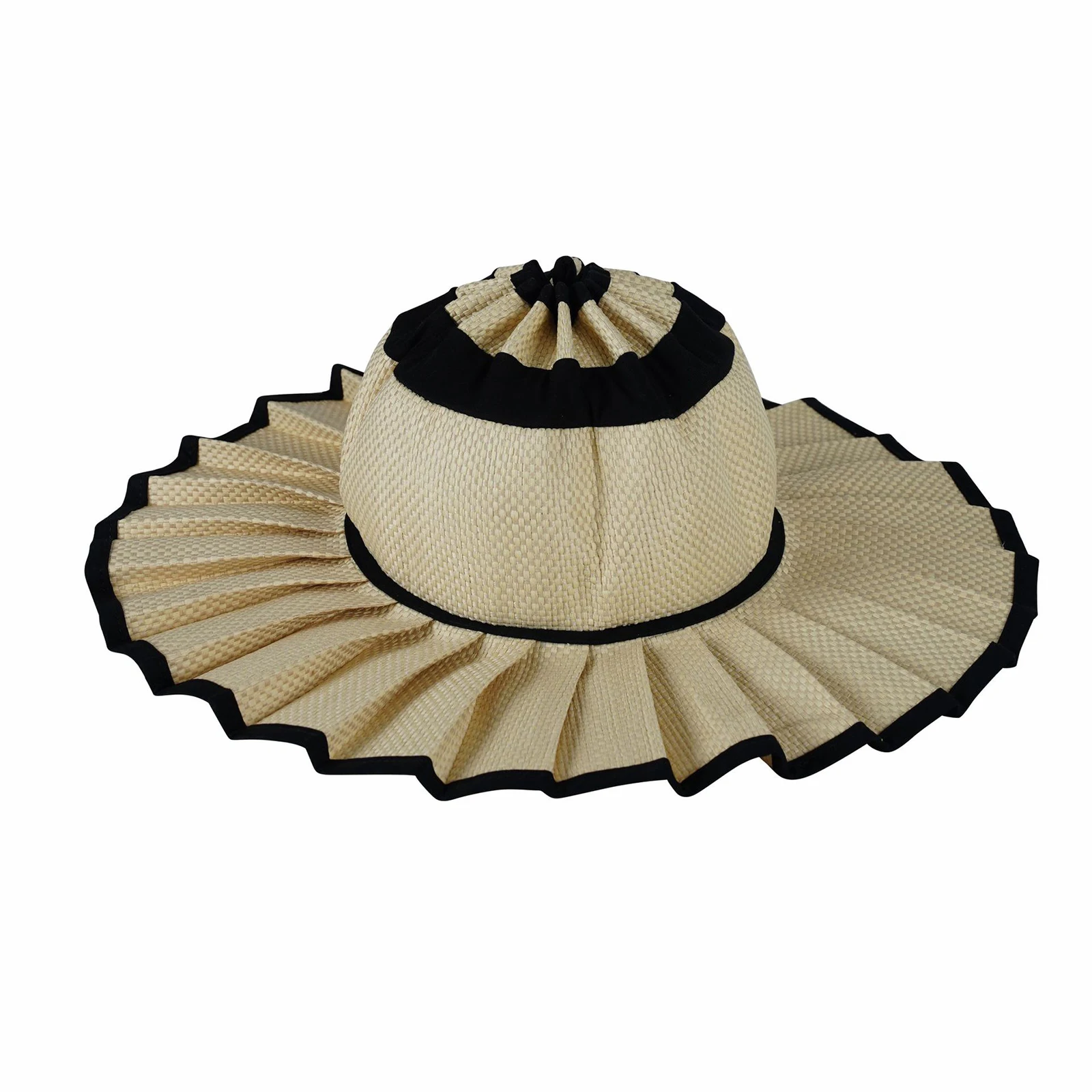 Light Beige Woven Straw Hat Summer Wide Brim Pleated Sun Hat Beach Uv Protection Foldable Packable Travel Casual Black Trim