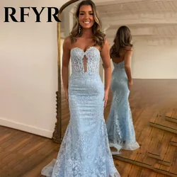 RFYR Sky Blue Evening Dress Corset Lace Vestidos De Noche Sweetheart Tulle Prom Dress with Pleat Sleeveless Trumpet Party Dress