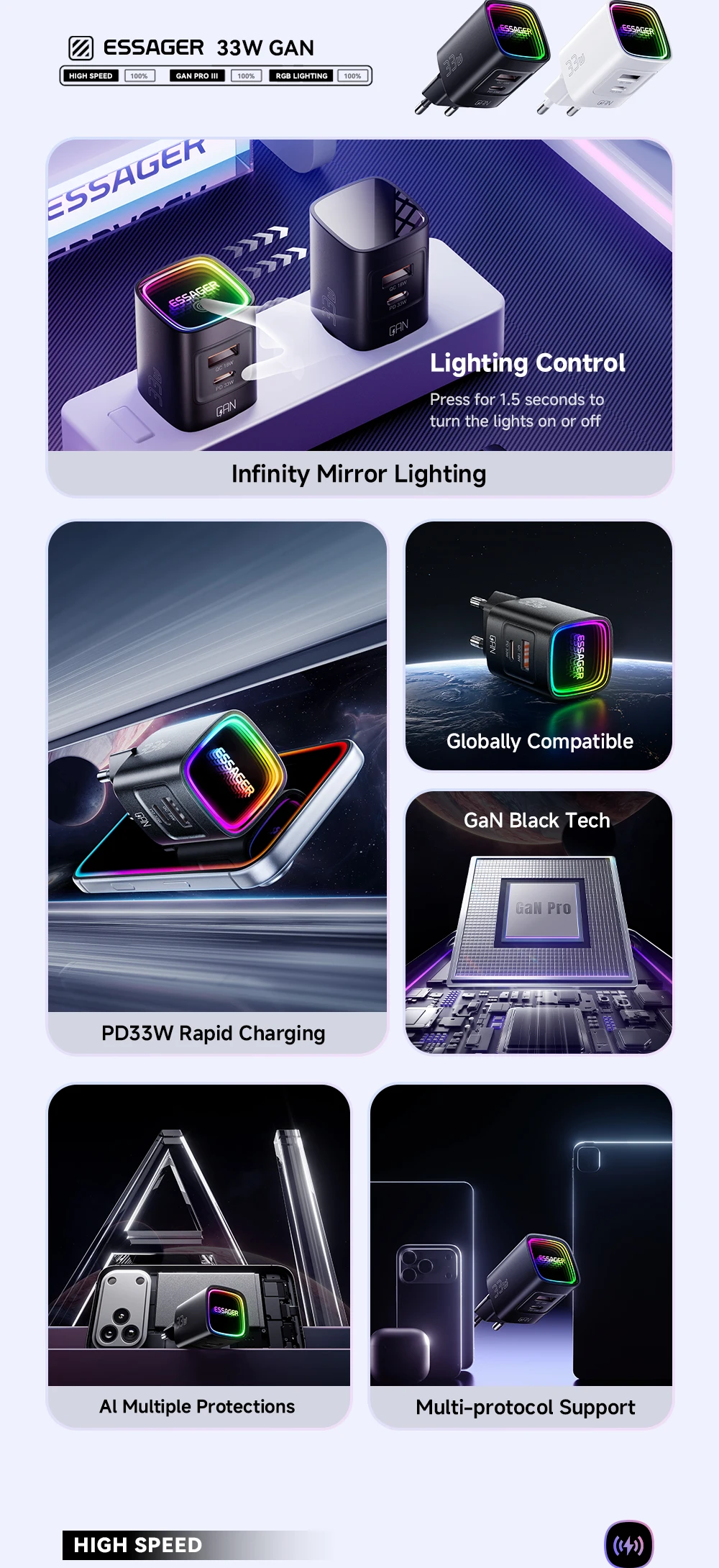 Essager 33W GaN USB Typ-C Ladegerät Tragbares PD-Schnellladegerät für iPhone 17/16/15/14 Pro Max iPad Xiaomi Samsung S25 RGB – Detail 2