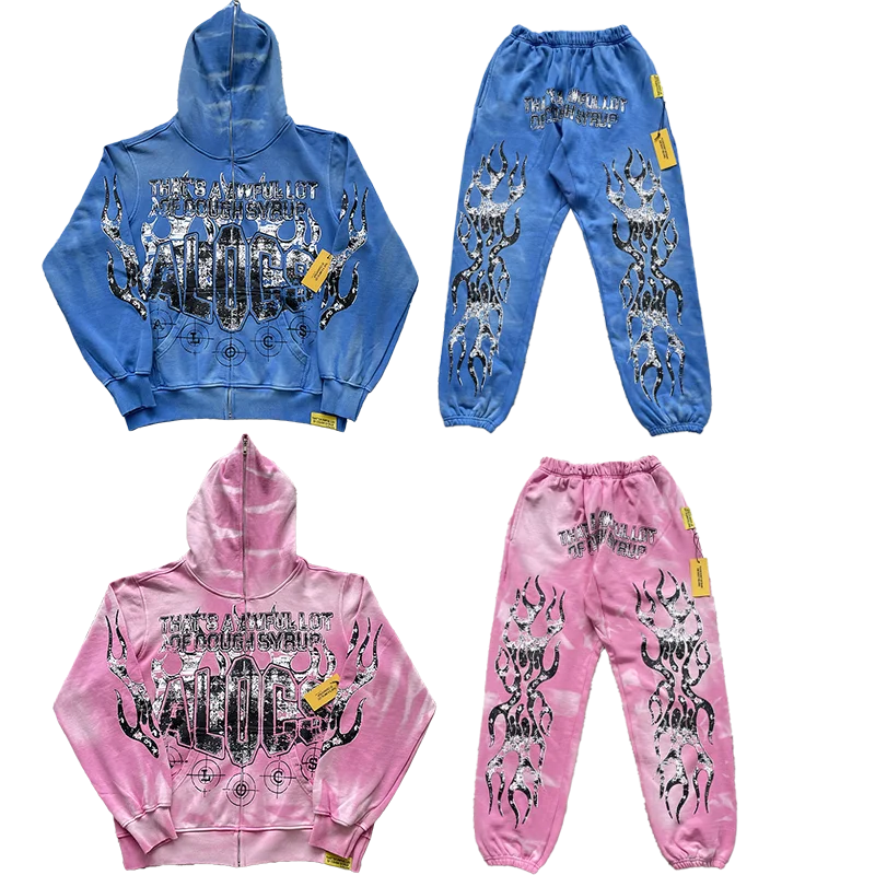 

Flame Print Long Pants Hoodie Set Youth Casual Sportswear Long Sve Cough Syrup Theme Clothing Autumn Season Faionable