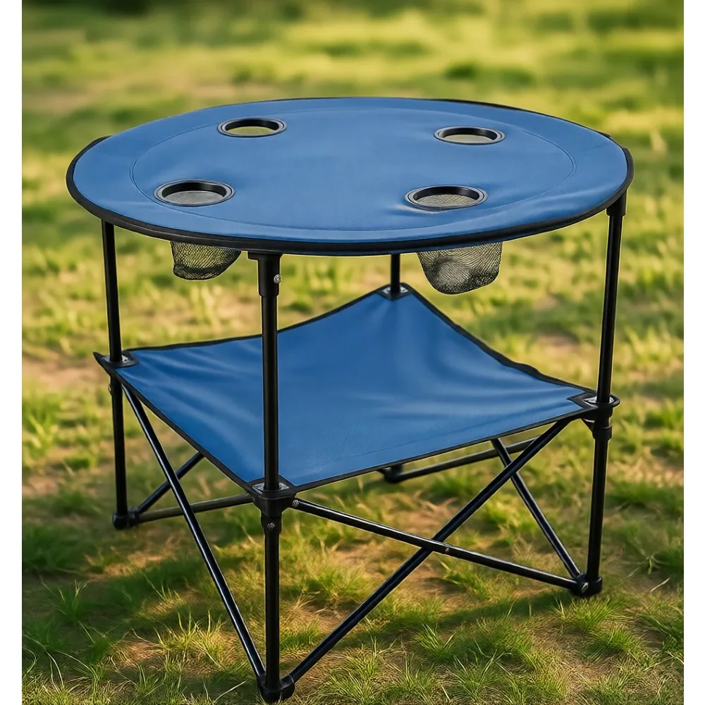 

Круглый двухуровневый складной походный стол с четырьмя подстаканниками и сумкой для переноски для кемпинга, пляжа, пикника, спорта