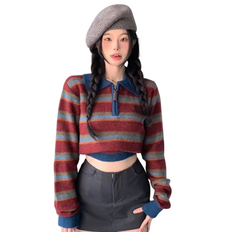 

Women's Pullover Stripes Loose Fitting Zipper Women's Fashion Top Lapel Sweater Clothing