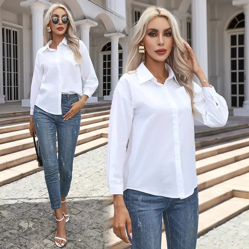 Commuter Casual 100% Cotton Shirts Long Sleeve Loose Soild Formal Shirt With Pockets Womens Top Streetwear Elegant White Blouse