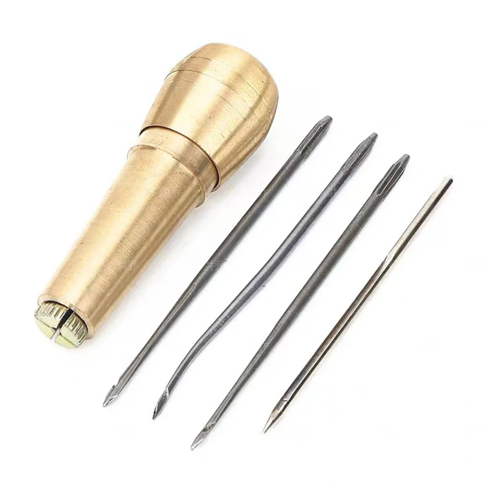 Copper Awl Shoe Repair Tool Pure Copper Handle With 4 Needles Replaceable DIY Sewing Hand Stitcher Craft Awl Hole Leather Tools