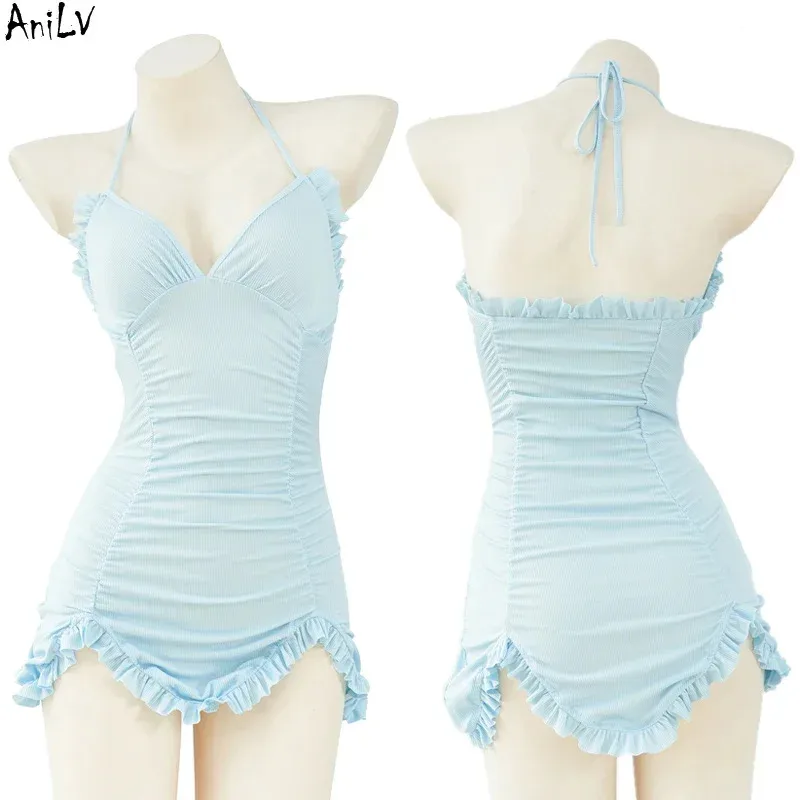 AniLV Beach Pure Girl Student Halter Dress Swimsuit Unifrom Women Macaron Bule Nightdress Pajamas Outfits Costumes Cosplay