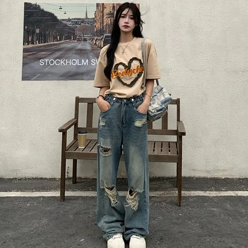 Women High Waist Straight-crotch Loose Slim Design High-street Vibe Wide-legged Dragging Pants American Retro Hole-punched Jeans
