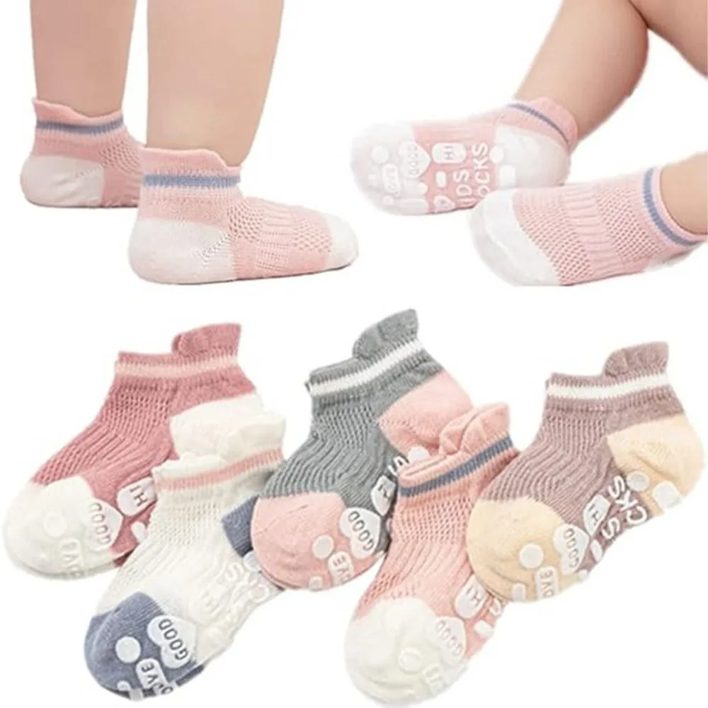 

5Pairs Sweat Absorbent Cotton Baby Floor Socks Letter Short Tube Kids Ankle Sock Non-slip Breathable Toddle Walking Socks Daily