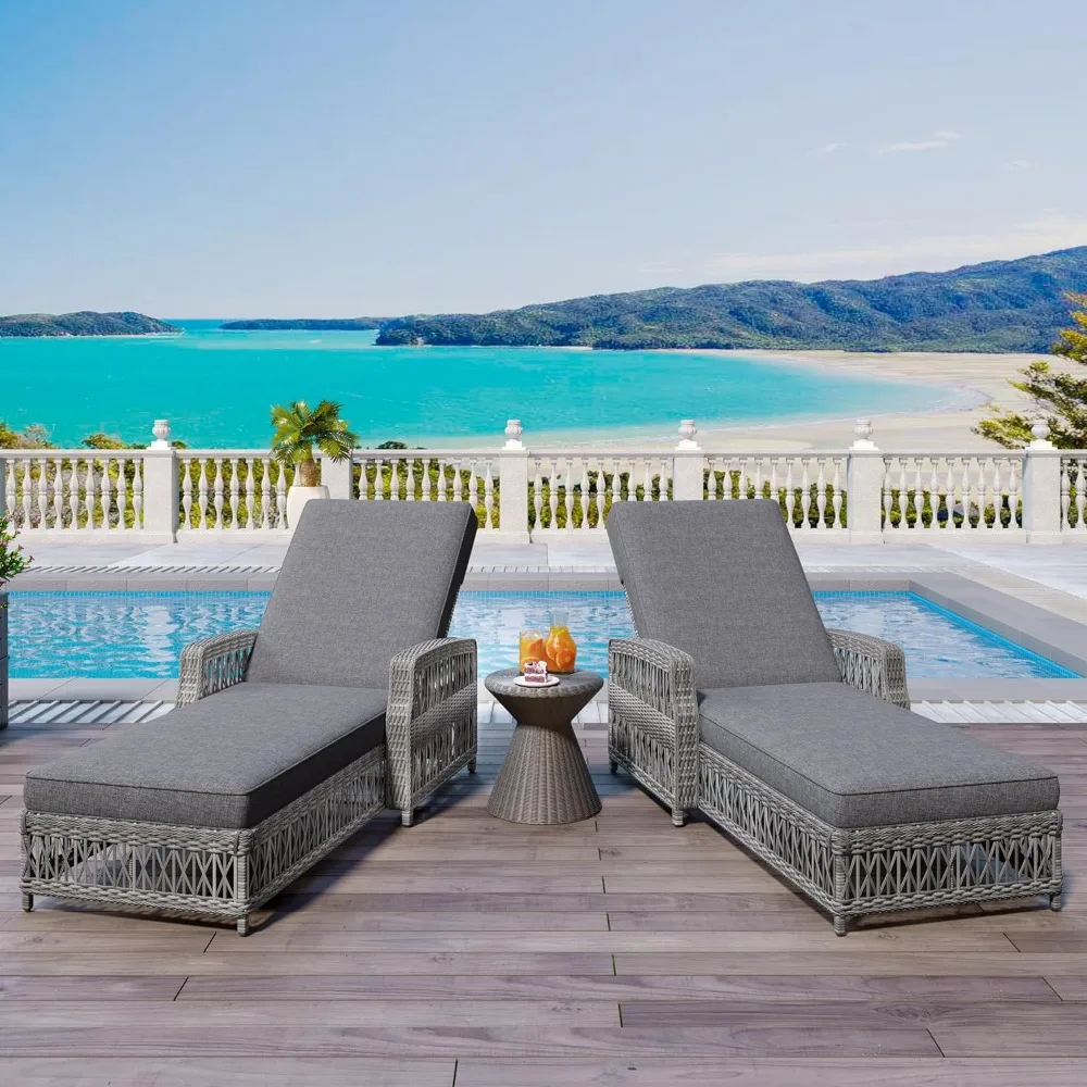 

Outdoor Rattan Chaise Lounge Set of 2, with 4 Adjustable Backrest and Armrests, Sunbathing Recliner & Soft Removable Cushions