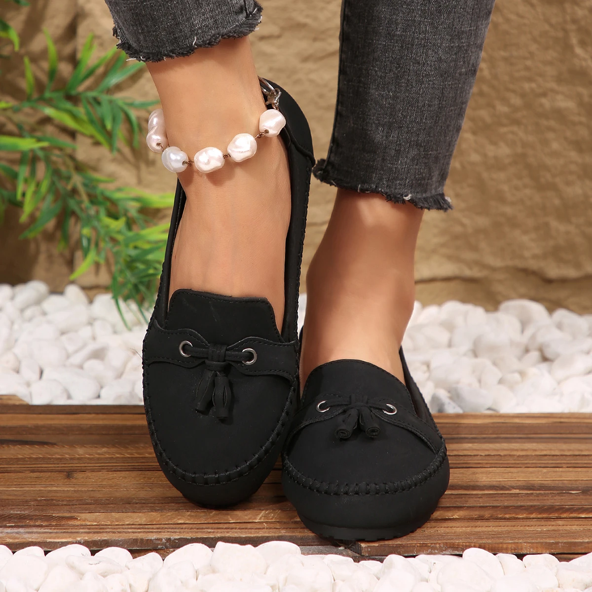 Damen-Loafer mit Quasten, runde Zehenpartie, Slip-On, flache Schuhe, Wildleder-Optik, weiche Sohle, lässige Damen-Mokassins für den Alltag. – Detail 23