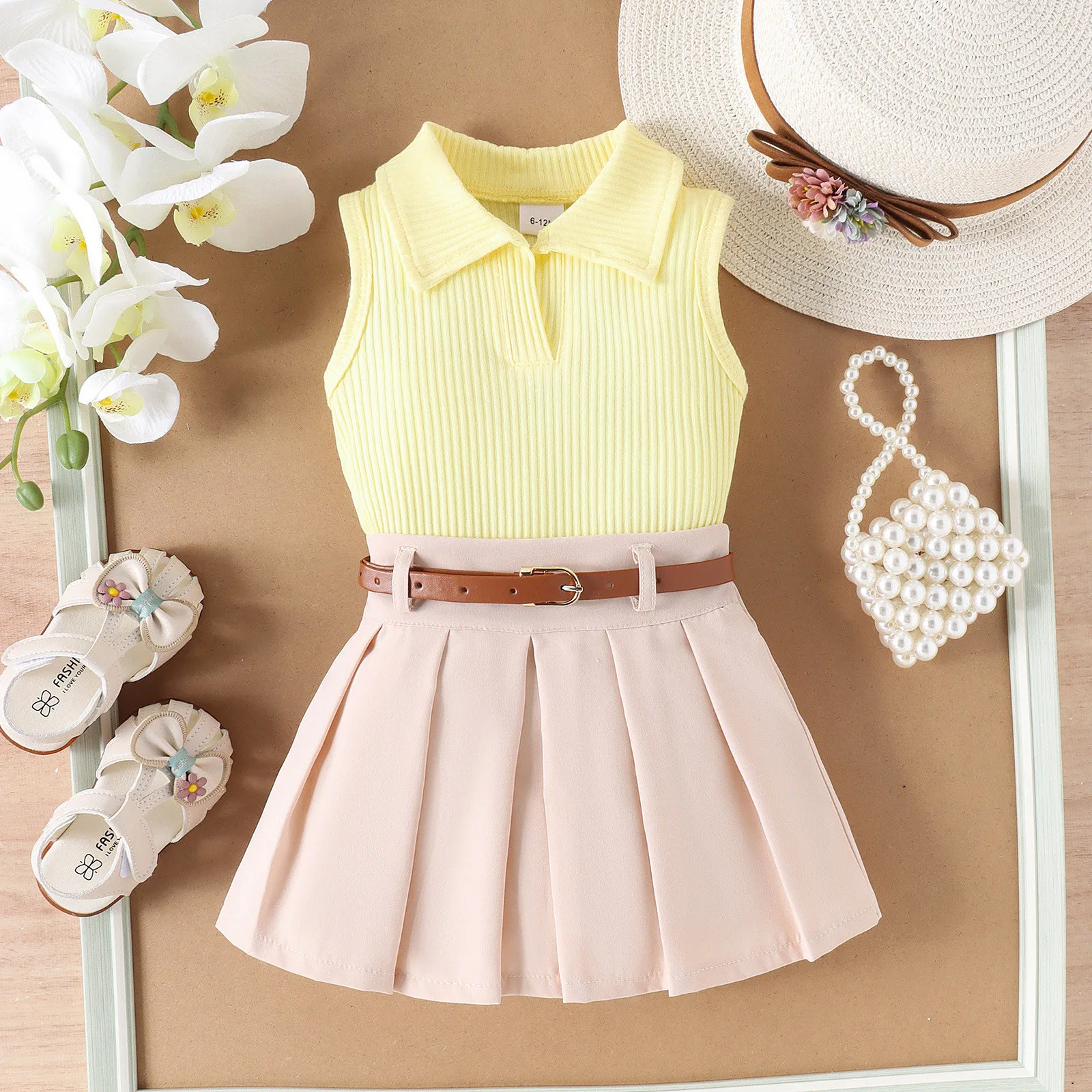 

Cute New Born Outfits Toddler Baby Infant Girls Solid Sleeveless Ribbed Tops Vest Pleated Skirt 2PCS Set Infant Romper Girl