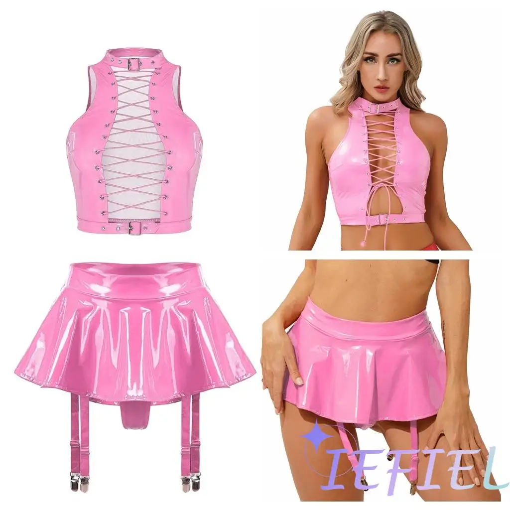 Dames Tweedelige Glanzende Latex Verleidelijke 2-delige Nachtkleding Cropped Tops Met Uitlopende Minrok Nachtkleding Disco Paaldanspak