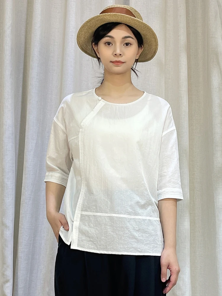 

Художественный свободный крой из шелка и хлопка, круглый женский летний топ Ne irt Five-Quarter Sve White irt, повседневный топ для поездок на работу