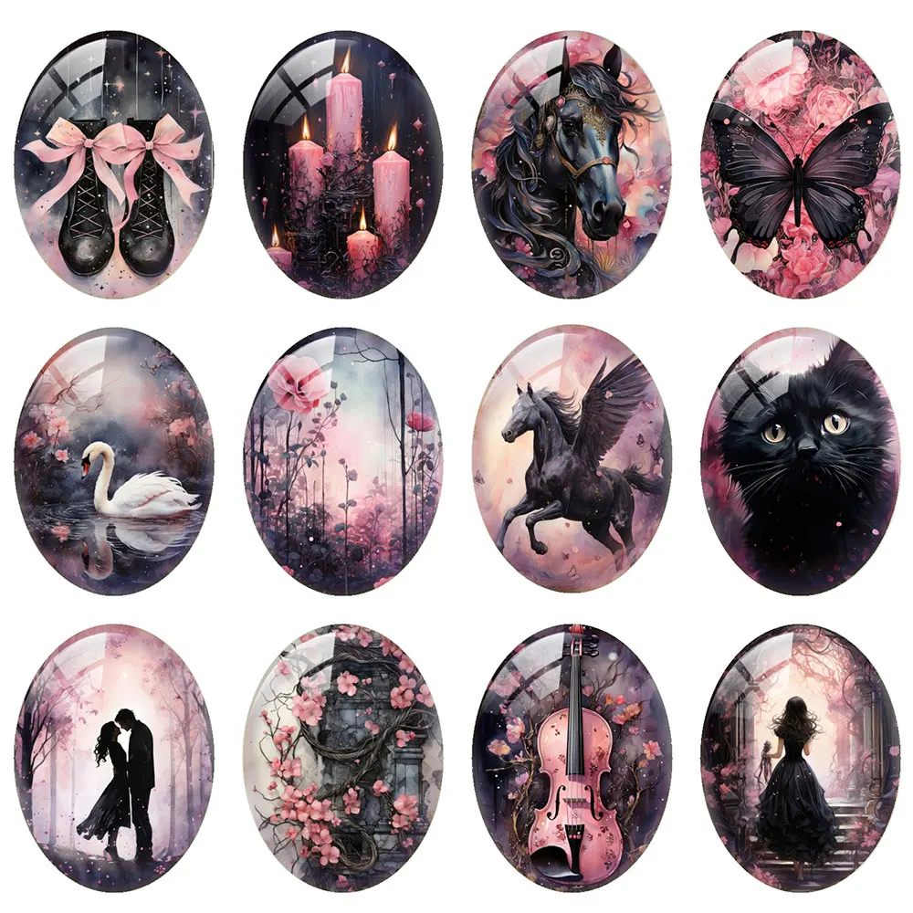 

10pcs/lot Halloween Gothic Dark Pink Raven Cat Horse Girl Oval Photo Glass Cabochon Flatback Demo Cameo For Diy Jewelry Making