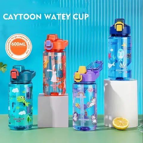 600ml 만화 동물 물병 휴대용 안전 잠금 귀여운 밀짚 컵 어린이 야외 캠핑 여행을위한 누출 방지 마시는 주전자