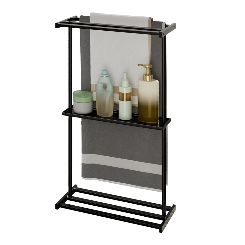 Minimalist Black Floor Towel Rack with Upper and Lower Shelves Carbon Steel Construction for Small Bathrooms 40.5 cm