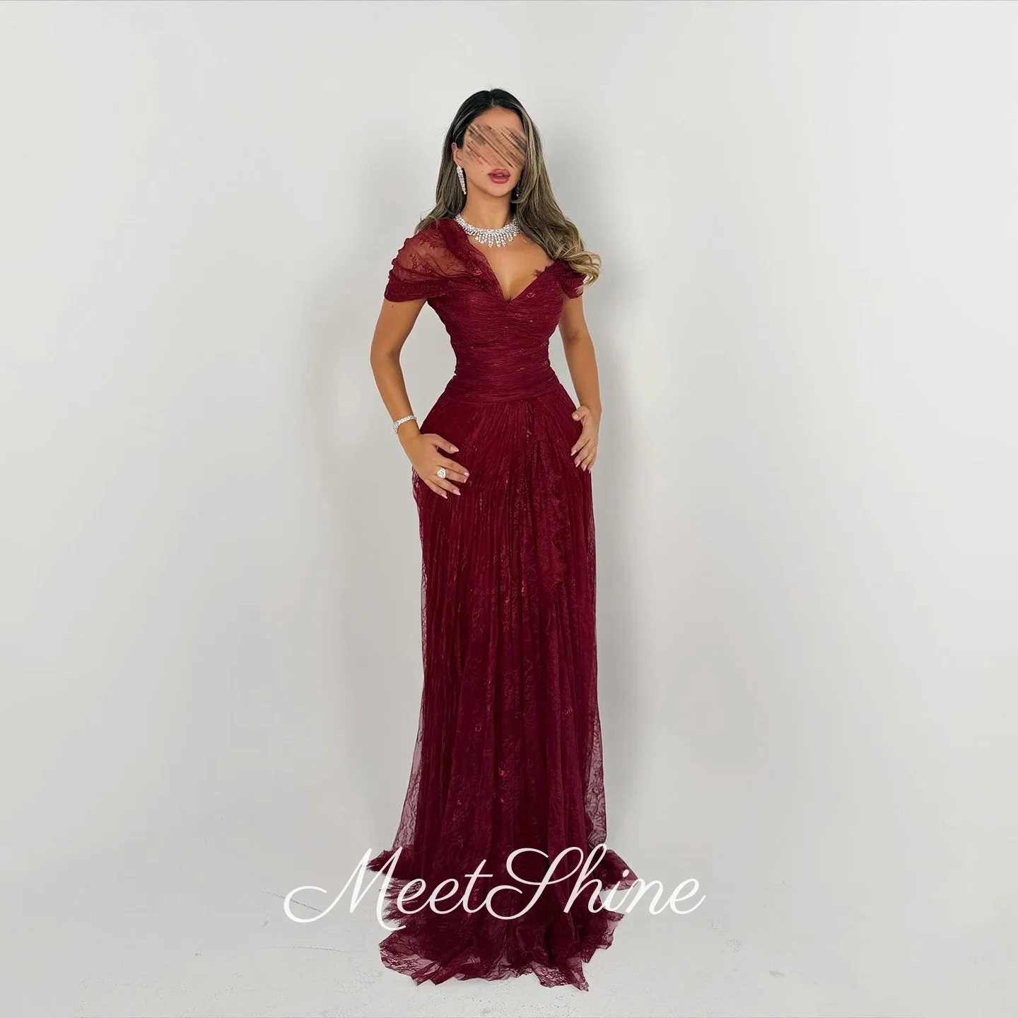 Vintage Burgundy Mermaid Off Shoulder Lace Evening Dresses Elegant Pleated Sweep Train Saudi Arabic Formal Party Gown Customized