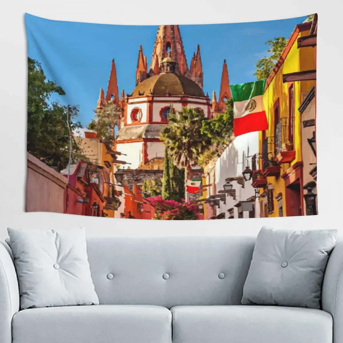 Tapiz Decorativo de Pared San Miguel de Allende, Tapiz con Paisaje de Montaña, Tela Impresa