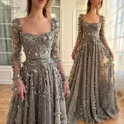 Luxury 3D Flower Gray Long Sleeves Evening Dresses for Women Wedding Party Elegant Beaded A-line Formal Prom Maxi Gowns Gala