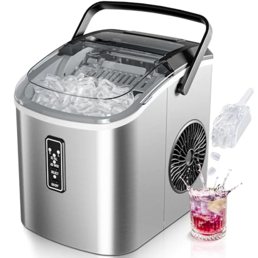 

Portable countertop ice maker for home, kitchen, office: stainless steel, silver, 9 cubes in 6 mins, 26.5 lbs/24H, self-cleanin