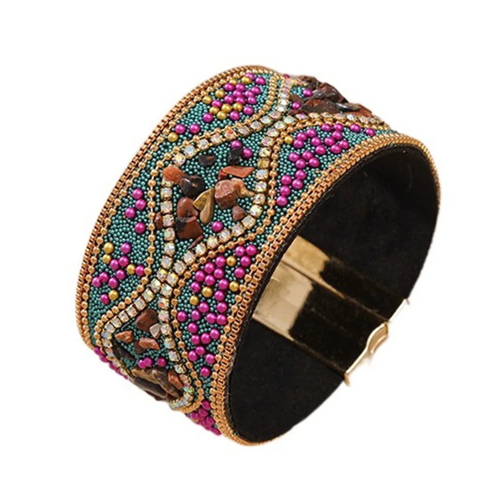 Ethnic Style Magnetic Clasp Bracelet Retro Stone Beads Rhinestone Women's Bracelet Magnetic Closure Bohemian