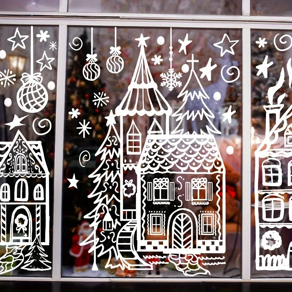 4 Blatt/Set große Weihnachts-Fensteraufkleber – Schneemann- und Schneeflockenaufkleber für festliche Glasdekoration, Schneehaus-Wandaufkleber